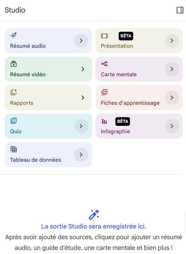 Zoom sur le panneau Studio